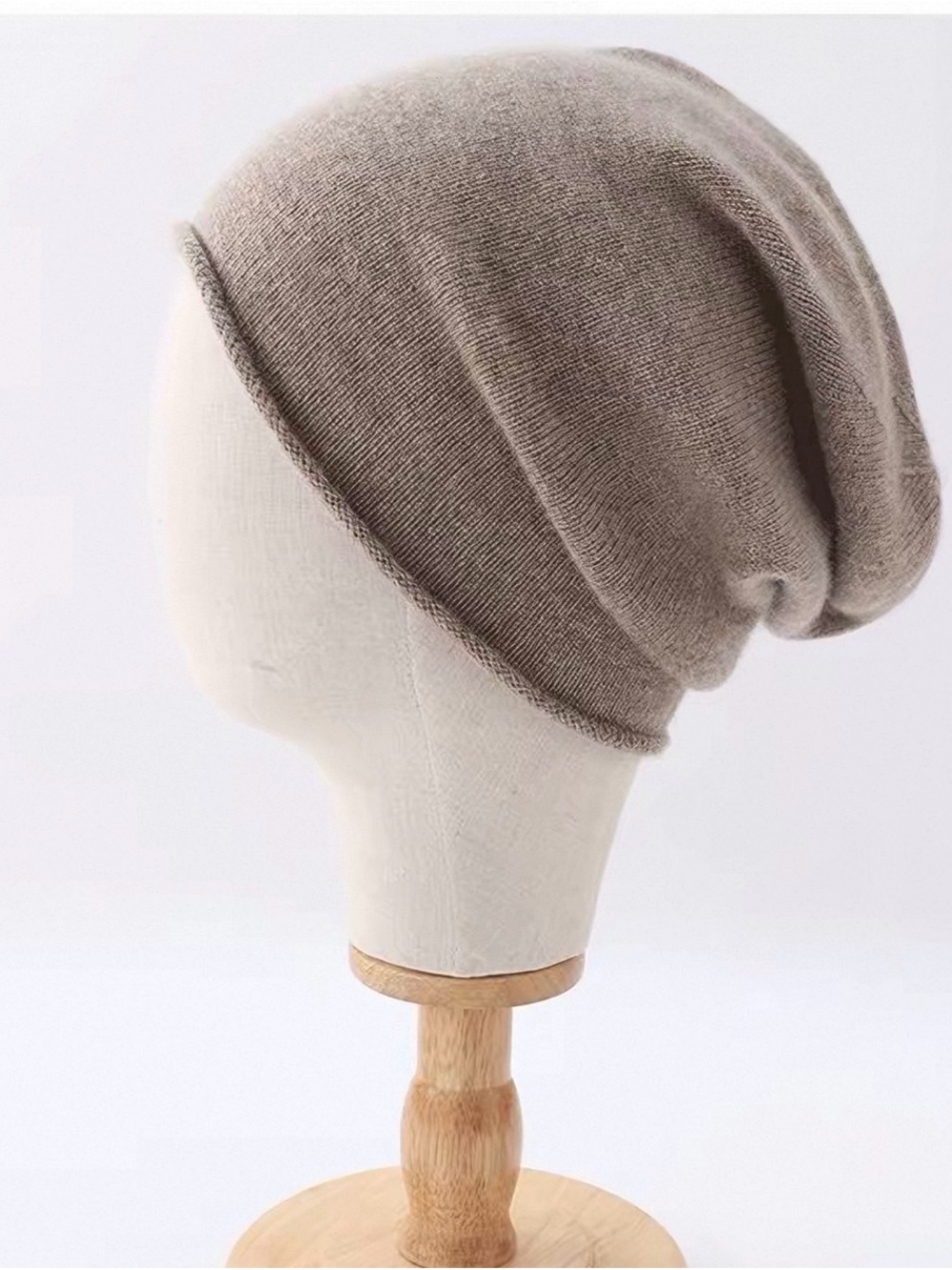 100% Cashmere Slouchy Beanie Hat Soft Knit Unisex Taupe